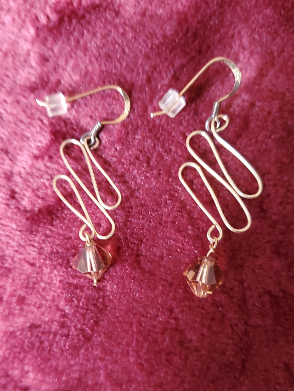 Gold Plated925 Sterling Silver Wire-Wrapped Drop Earrings WithBrown Cristal Bead